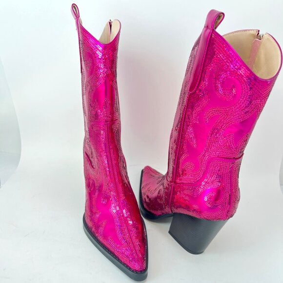 Azalea Wang Merril Sequin Pink Fuchsia Western Boots Size 9 - Picture 3 of 10